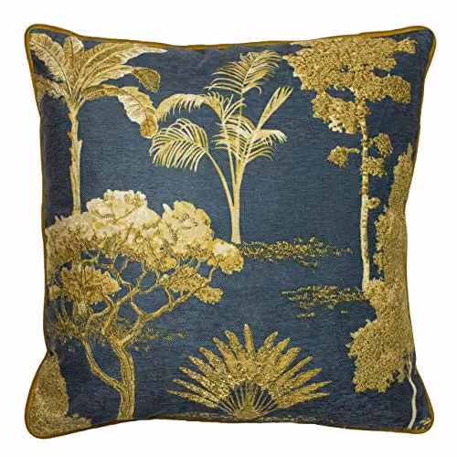 Paoletti Arboretum Blue and Gold Velvet Floral Embroidered Cushion, W/D/H: 50 x 50 x 50 cm – 1