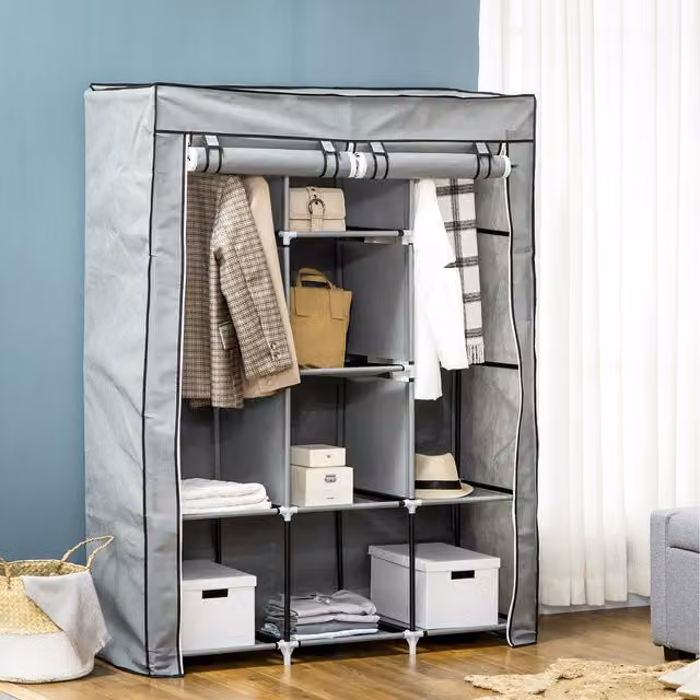 HOMCOM Portable Fabric Wardrobe with 8 Shelves and Hanging Rod, Grey