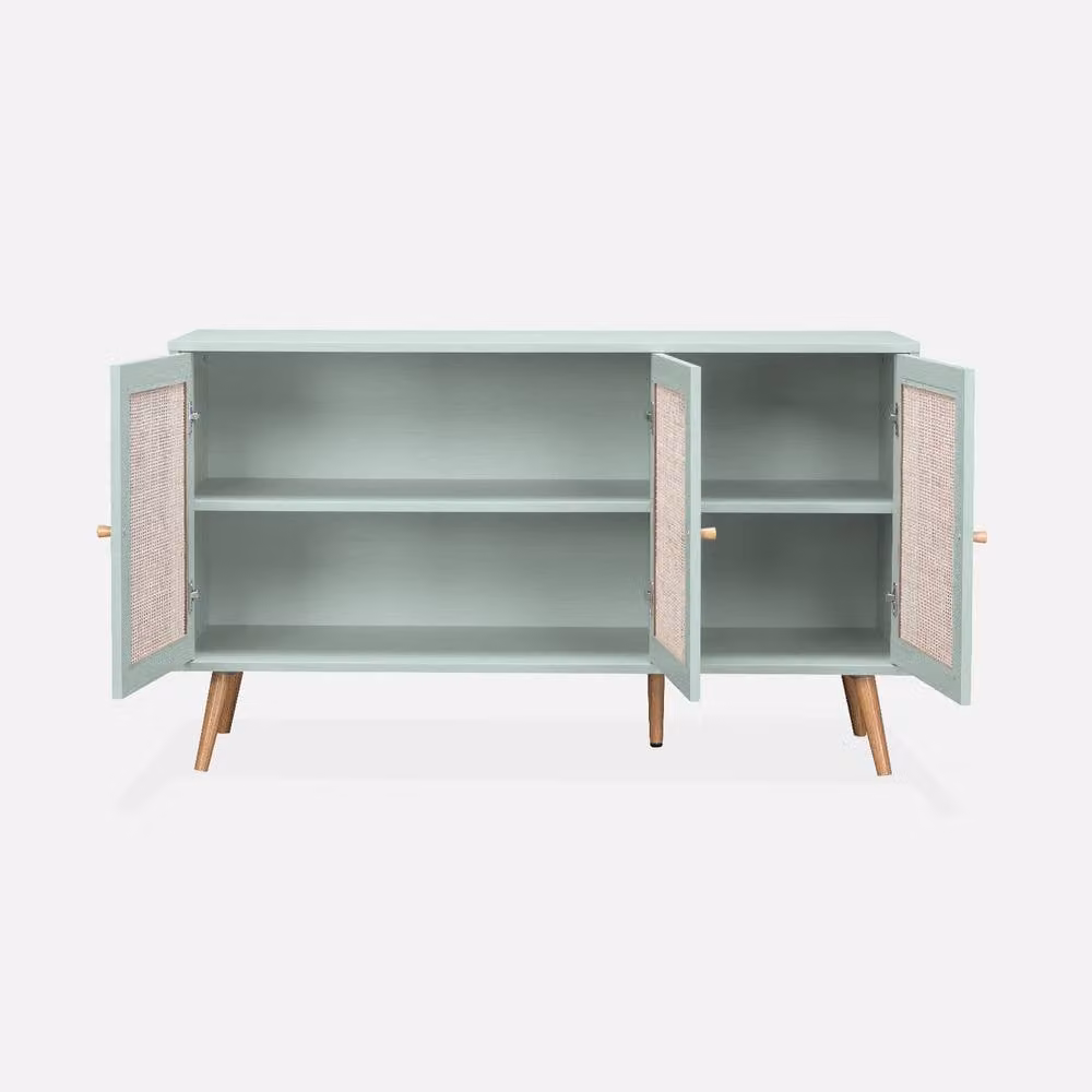 Sweekeek Boho Style Sideboard Cabinet with Rattan and Glass in Pale Green, Width: 120 cm – 2