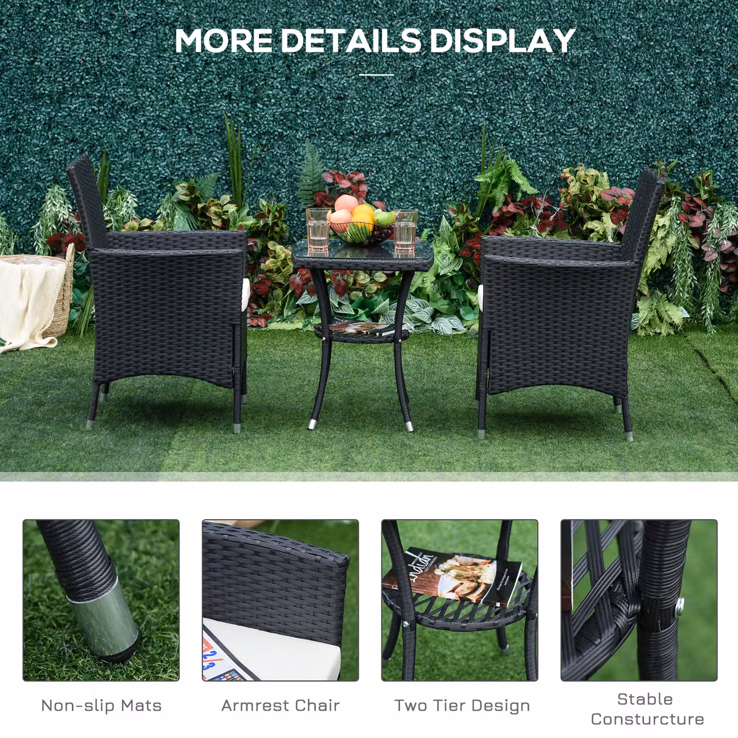 Outsunny 3 Piece Rattan Bistro Set with Wicker Chairs, Table and Cushions in Black – 6