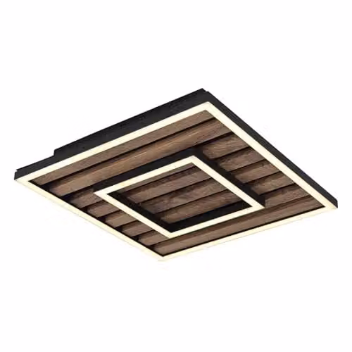 Netlighting Woody Globo Lighting Semi Flush Ceiling Light Panel in Black and Wood with Warm White LED, W/D/H: 30 x 30 x 6 cm