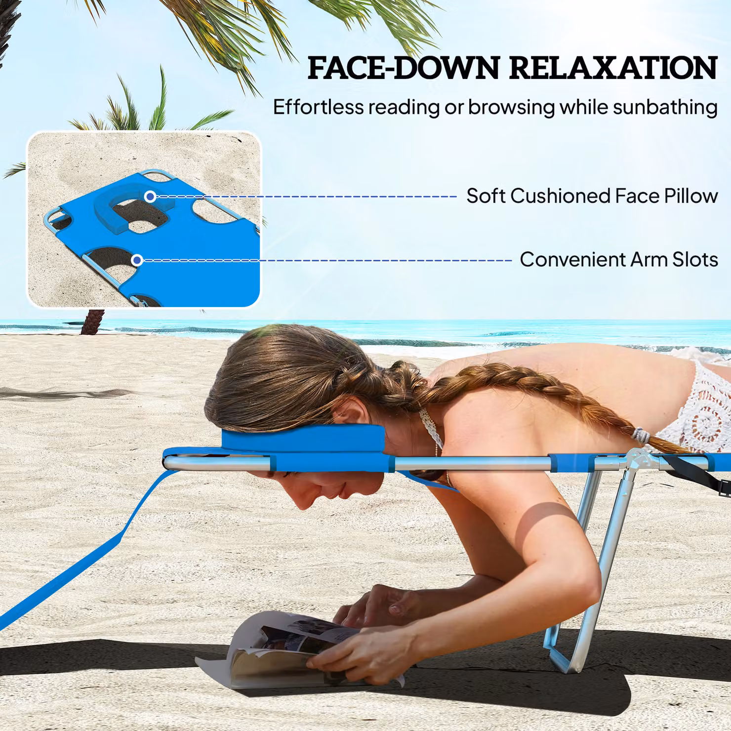 Outsunny Portable Beach Chaise Lounge with Adjustable Headrest and 5-Position Backrest, Azure Blue – 3
