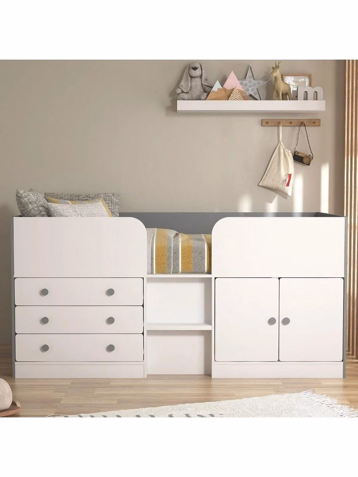 Very Home Peyton Mid Sleeper Bed in White and Grey with Storage Drawers and Cupboard, H 194.0 cm x W 96.8 cm x D 79.6 cm