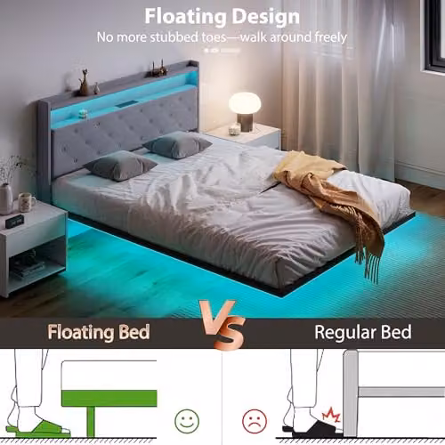 HOMCOM Grey Upholstered Floating Bed Frame with RGB LED Lights, USB Charging Ports and Side Compartments, W/D/H: 150 x 200 cm – 3