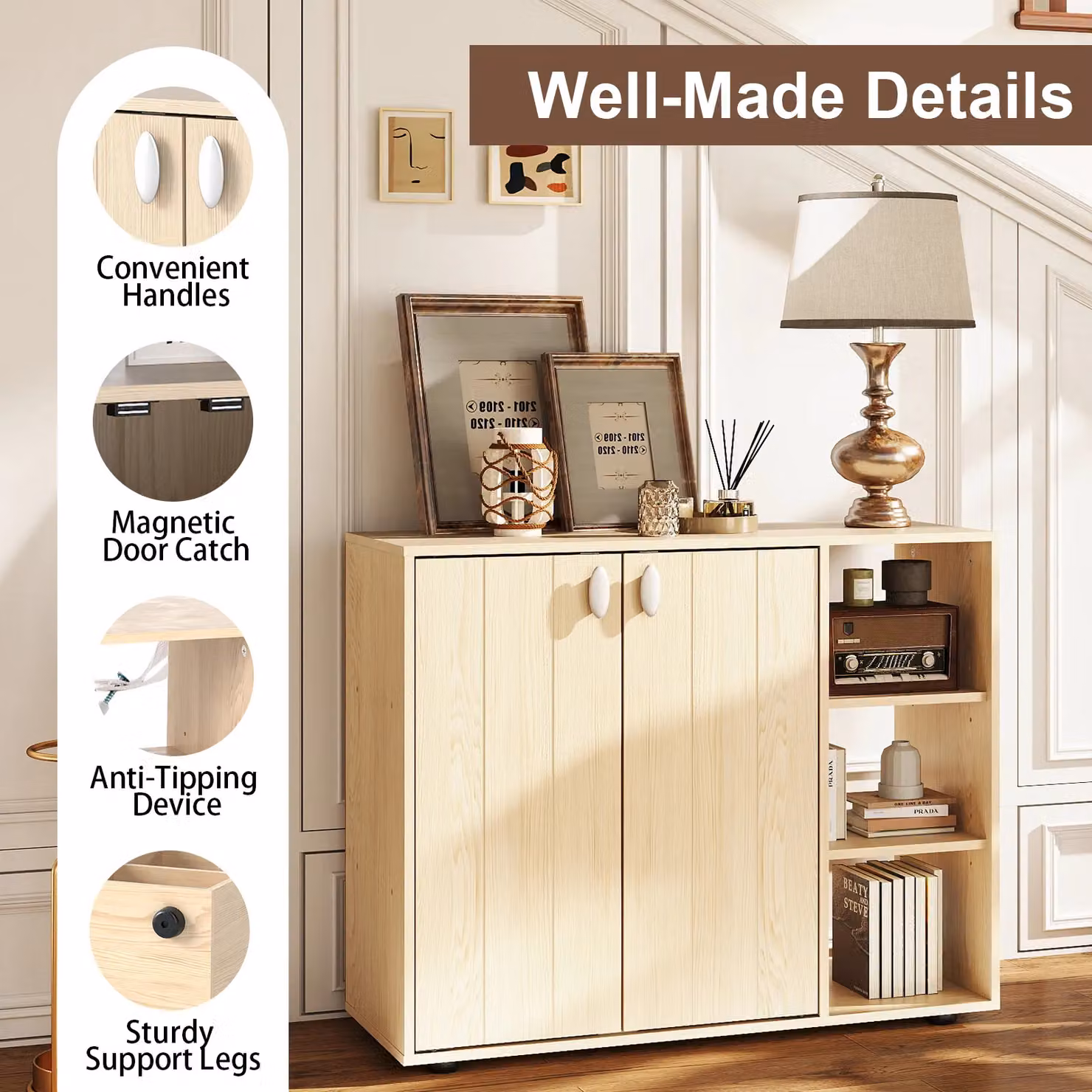 Costway 3-Tier Wood Shoe Storage Cabinet with Hinged Doors in Beige – 7
