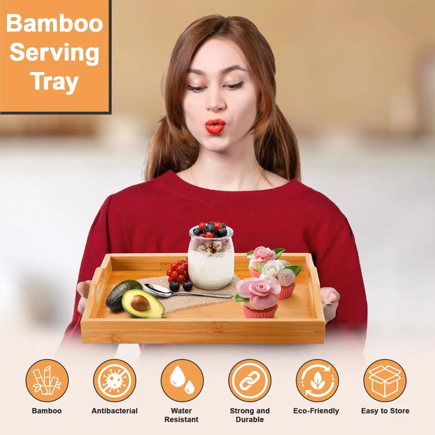 MANTRARAJ Set of 3 Brown Rectangular Bamboo Serving Trays with Handles – 2