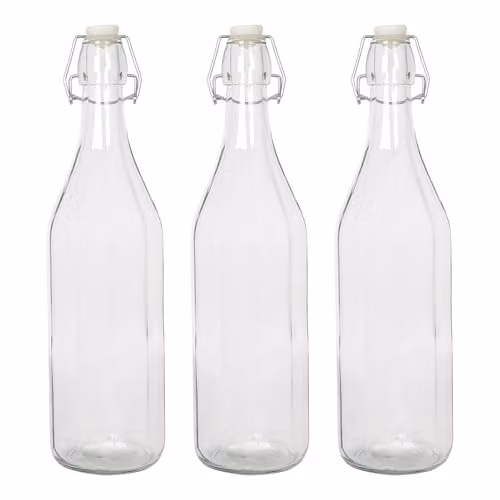 Argon Tableware Pack of 3 Reusable Glass Swing Top Bottles, 1.1 l, Transparent
