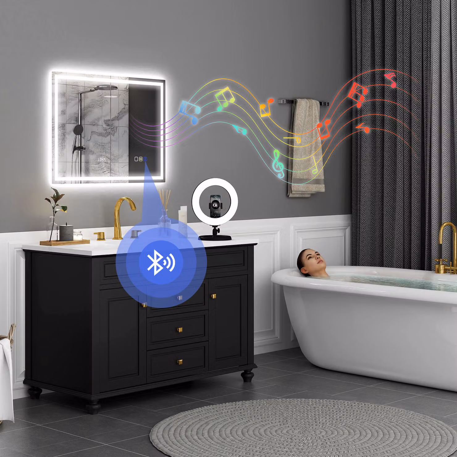 HOMCOM Silver LED Bathroom Mirror with Bluetooth, Clock and Anti-Fog Function, W: 60 cm, H: 80 cm – 2