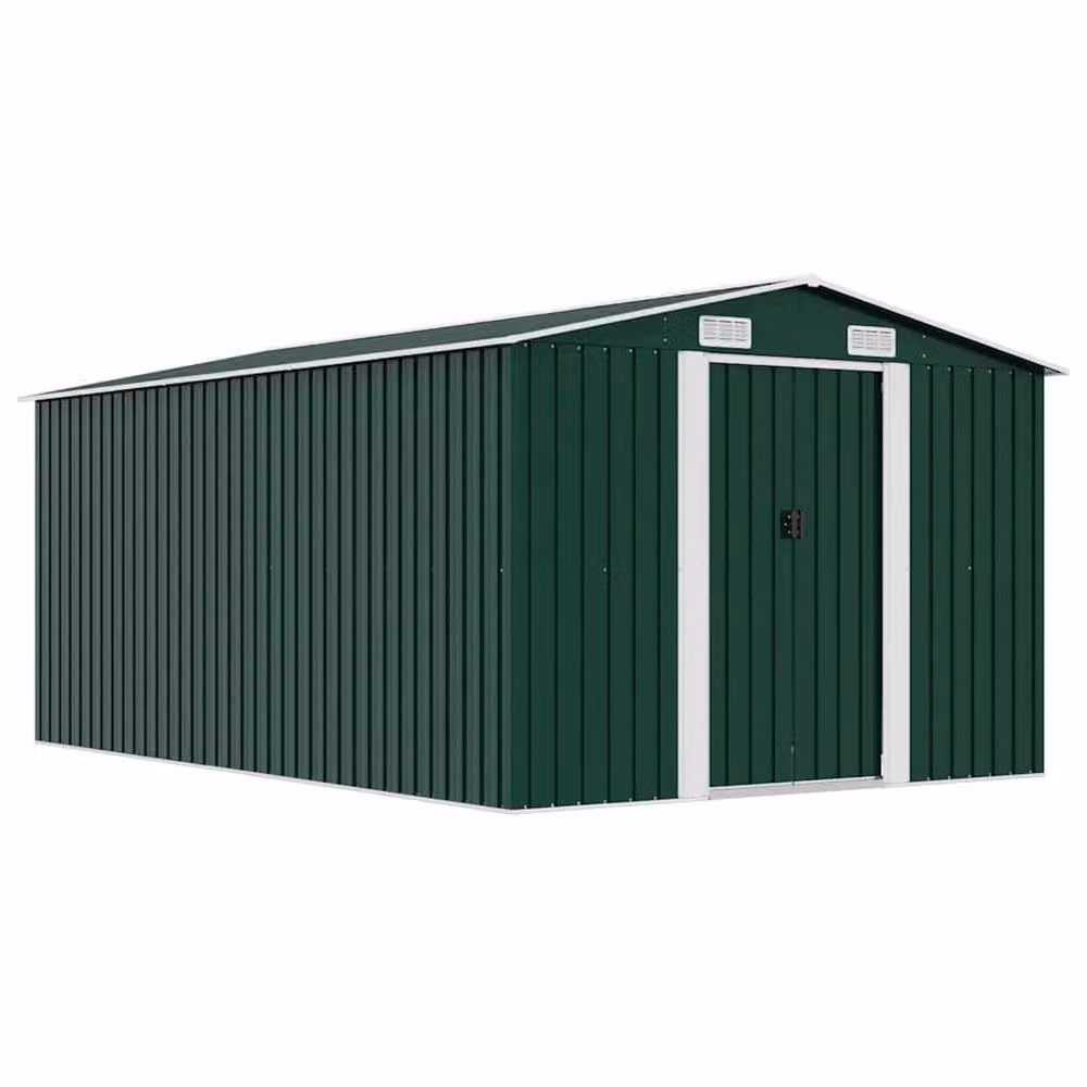 Berkfield Green Metal Garden Shed with Sliding Gable Doors, W: 257 cm, D: 392 cm, H: 181 cm – 2
