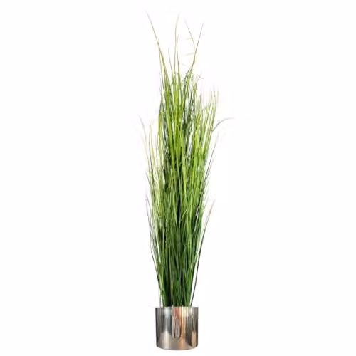Leaf Design UK 130cm Artificial Green Onion Grass Plant with Silver Metal Tabletop Pot – 1