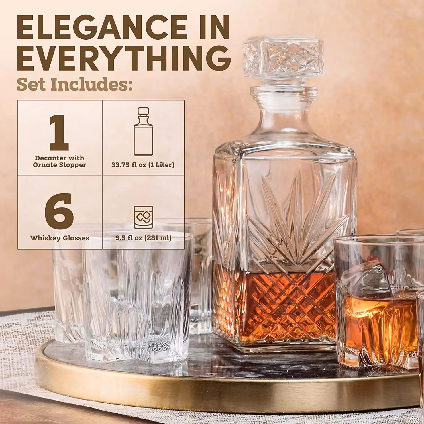 Bormioli Rocco Cut Glass Square Whisky Decanter with Stopper and 6 Glasses, Clear, 1 l and 285 ml each – 3