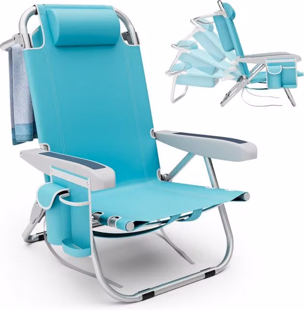 Costway Folding Backpack Beach Chair in Blue and Turquoise with Adjustable Headrest and Armrests