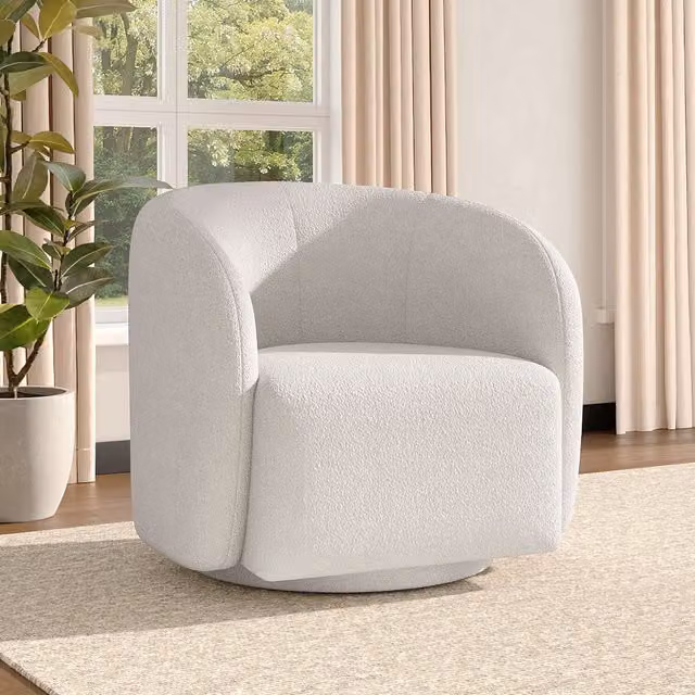 Livingandhome White Teddy Fleece Bouclé Swivel Accent Chair with Armrests