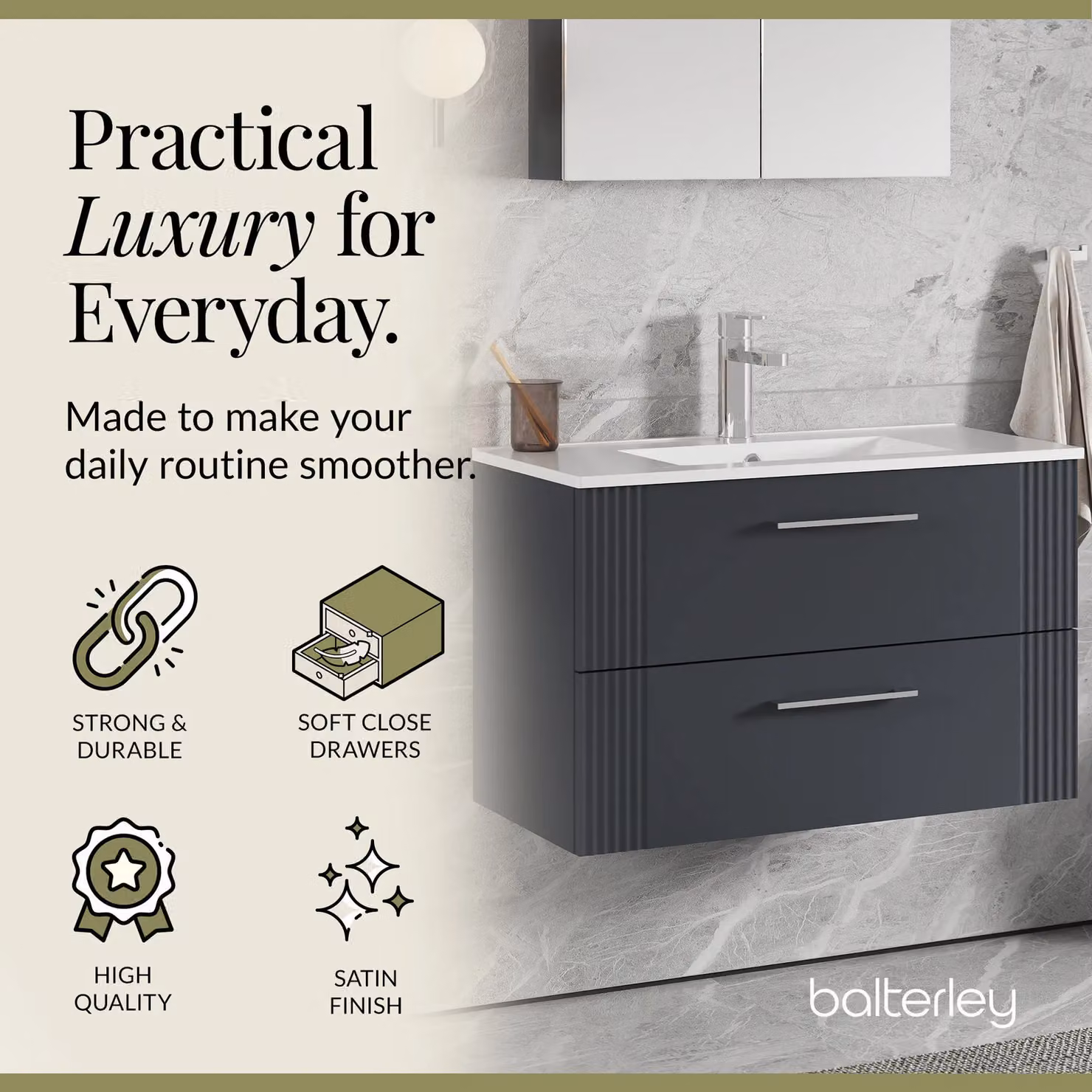 Balterley Wall Hung 2 Drawer Vanity Unit with Minimalist Vitreous China Basin, Dark Grey, Width: 80 cm – 3