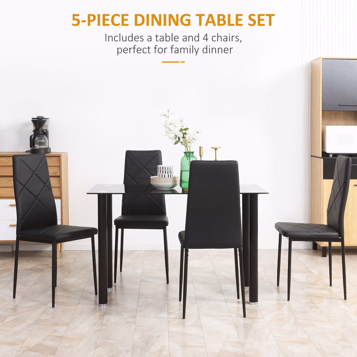 HOMCOM Modern 4 Seater Dining Set with Rectangular Glass Tabletop and Steel Frame, Black – 4
