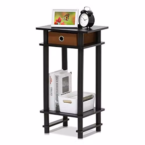 Furinno TURN-N-TUBE 3-Tier Side Table with Storage Bin in Espresso, H: 70.4 cm x W: 40.1 cm x D: 30.0 cm