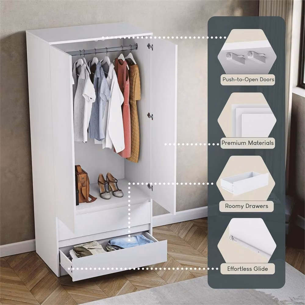 FORGEVIO De Modern White Matt 2 Door 2 Drawer Wardrobe with Internal Hanging Rod and Push to Open Drawers – 3