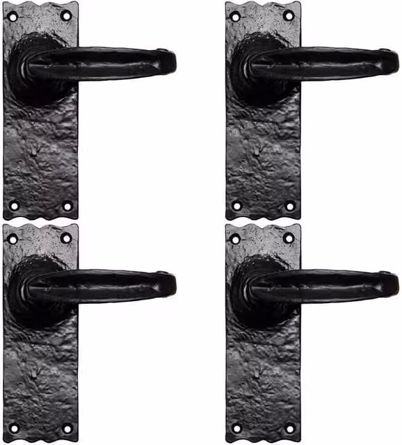Loops 4 Pairs of Forged Straight Lever Handles with Latch Backplate, Black Antique, W: 15.5 cm, H: 5.7 cm