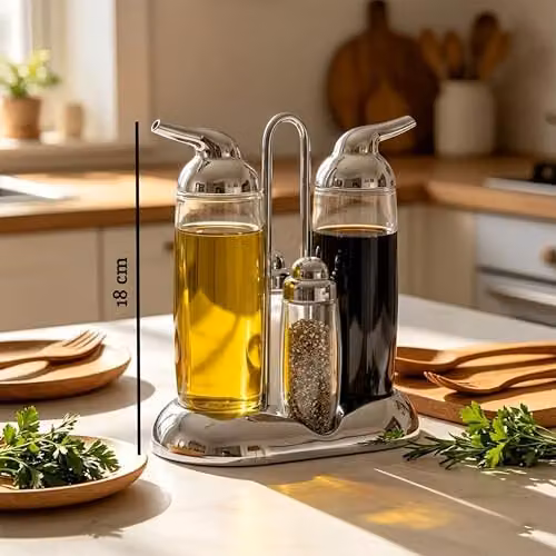 Premier Housewares Vintage Silver and Transparent Glass Oil and Sauce Condiment Pot Set of 4, W: 9 cm, D: 17 cm, H: 18 cm – 2
