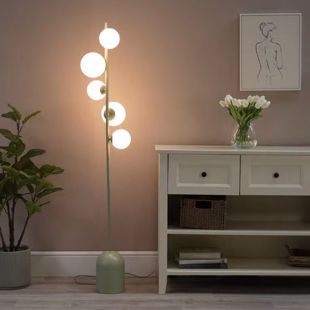 ValueLights Marlow 5 Way Art Deco Floor Lamp with LED Bulbs in Green and Grey