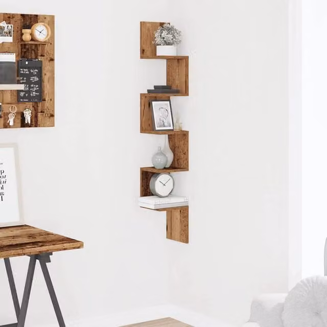 Berkfield Home Wall Mounted Corner Shelf in Rustic Old Wood Brown, W/D/H: 20 x 20 x 127.5 cm – 1
