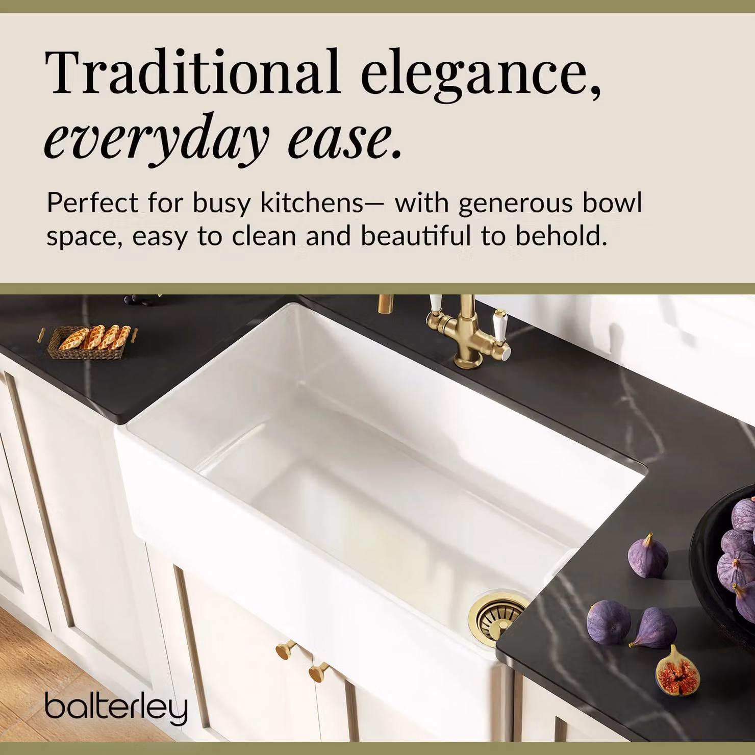 Balterley White Ceramic 1 Bowl Belfast Sink with Brushed Brass Strainer Waste and Tap, W: 795 mm – 3
