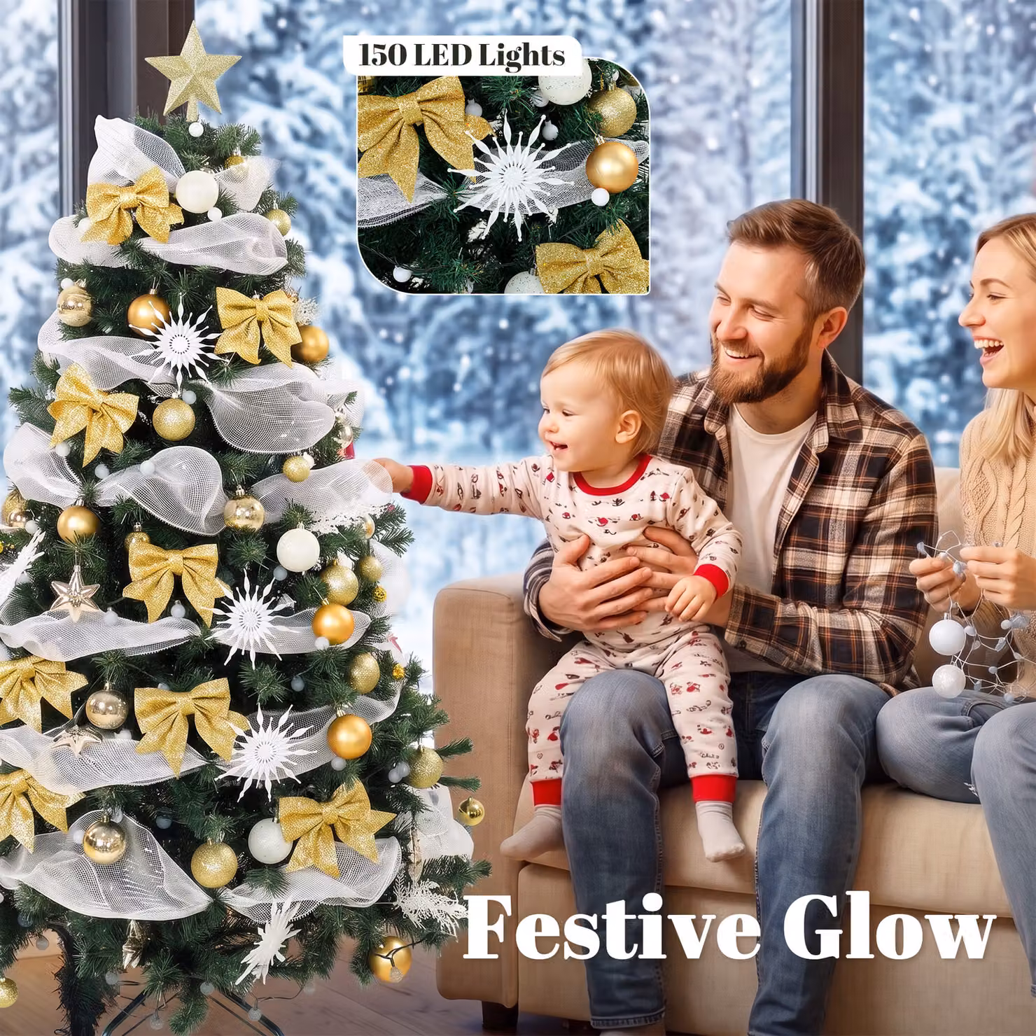 HOMCOM 5ft Pre-Lit Green Artificial Christmas Tree with 150 Warm White LED Lights and 8 Lighting Modes – 5
