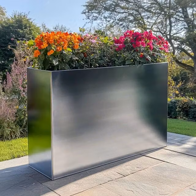 Woven Wood Silver Zinc Trough Planter, W: 80 cm, H: 60 cm, D: 25 cm