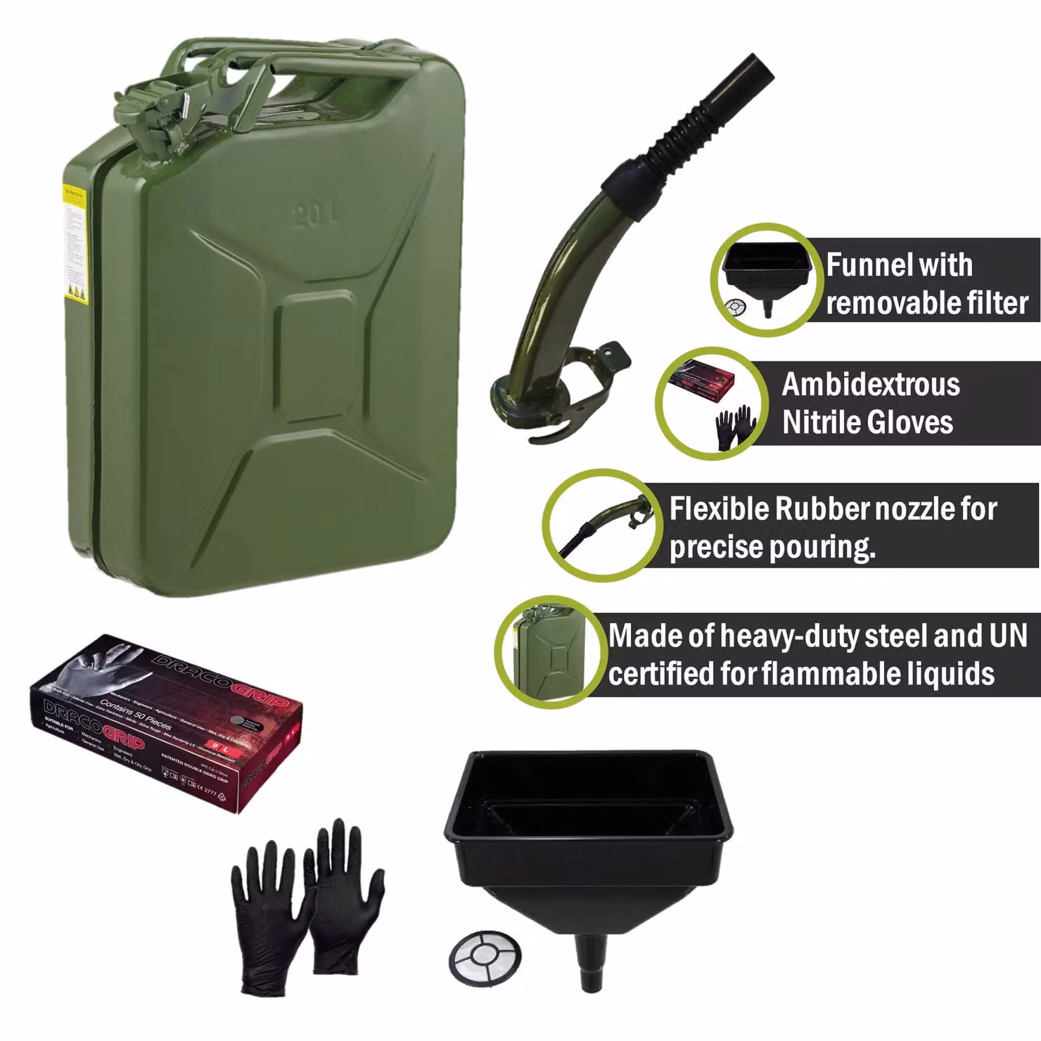 Pegdev 20L Heavy Duty Jerry Can in Dark Green with Metal Spout and Nitrile Gloves – 2
