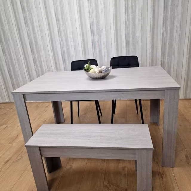 Kosy Koala Modern Grey Dining Table Set with 2 Black Tufted Chairs and 1 Bench, W/D/H: 117 x 77 x 75 cm