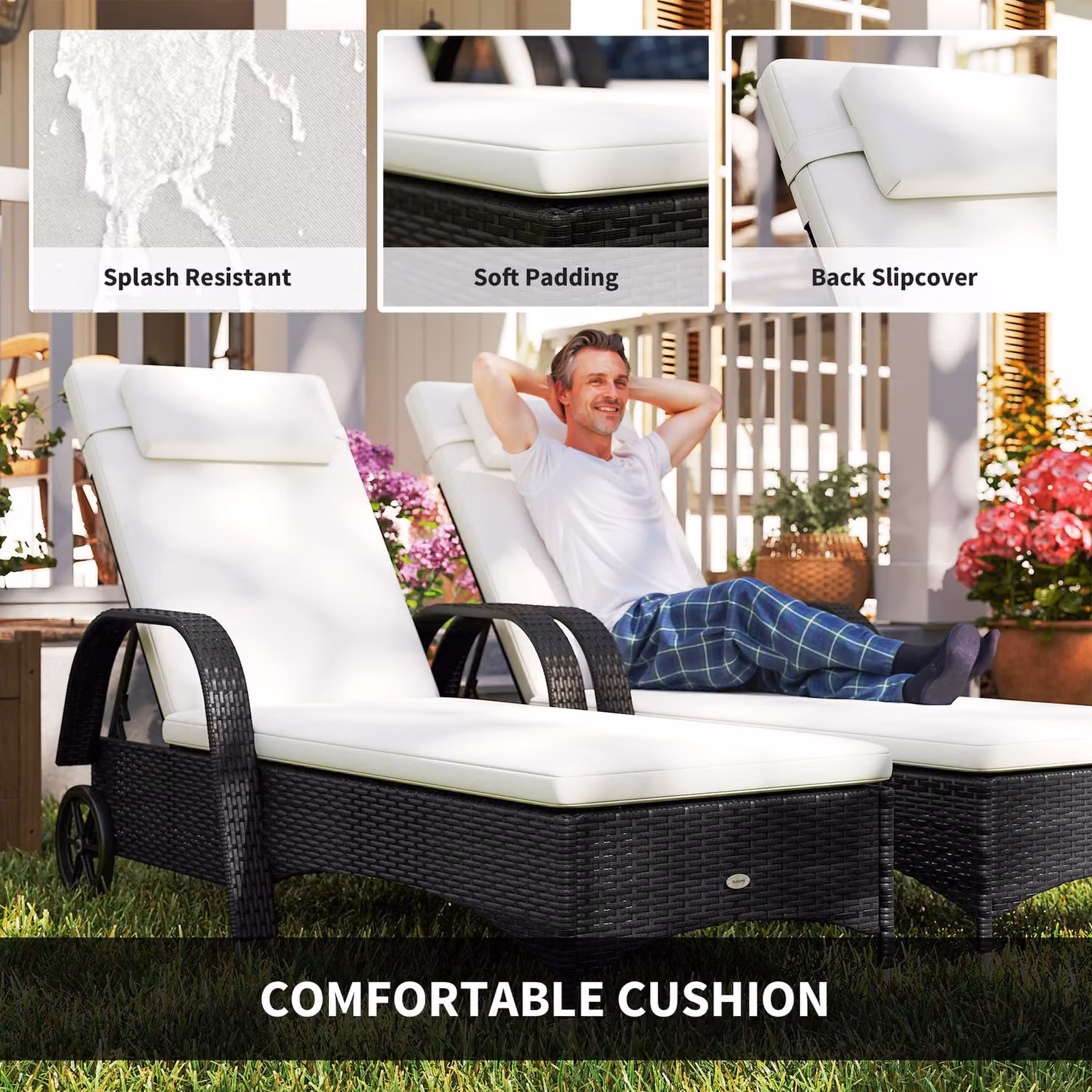 Outsunny 3 Piece Black PE Rattan Patio Lounge Chair Set with Cushions and Side Coffee Table – 9