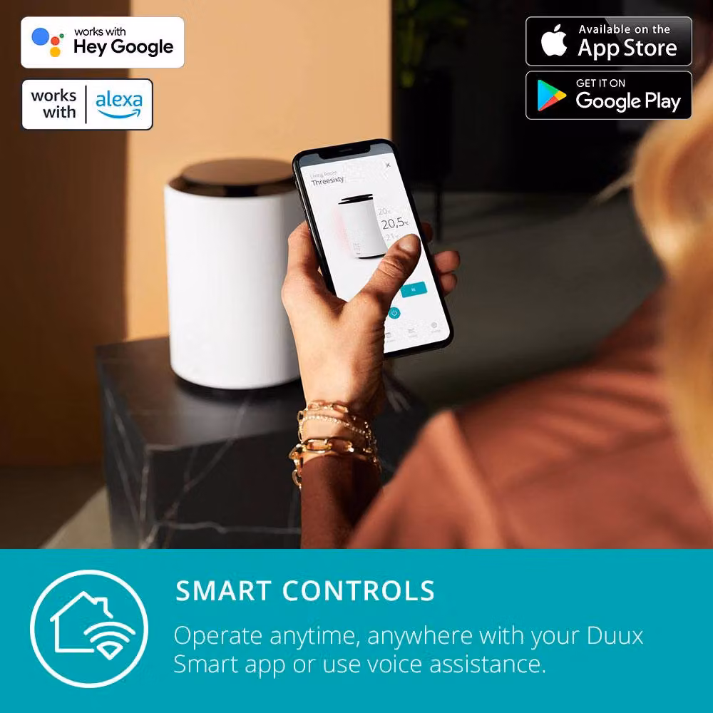 Duux Threesixty Smart Ceramic Fan Heater, 1800W, White with App Control – 3