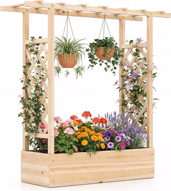 COSTWAY Wooden Raised Garden Bed with Trellis in Brown