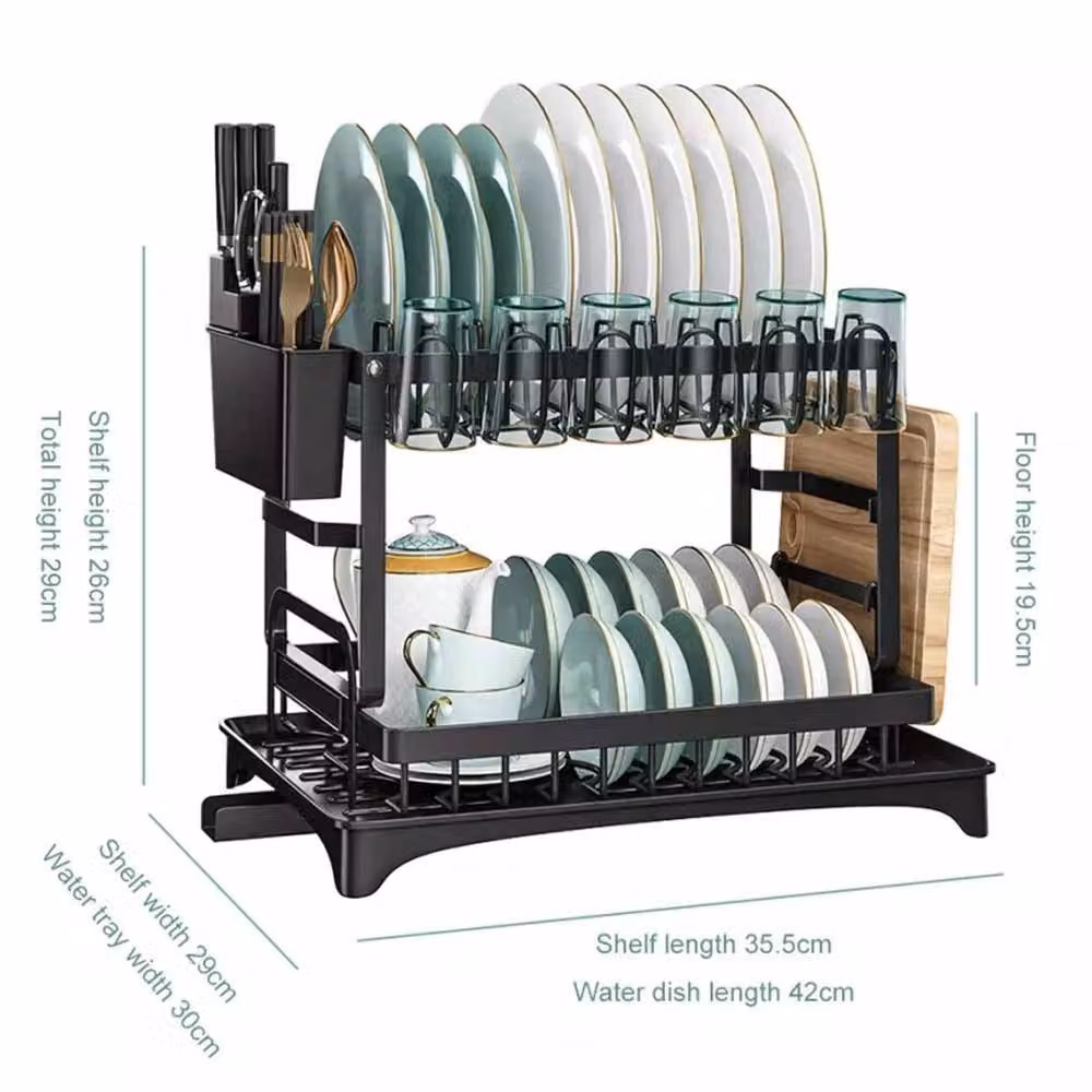 VOGREX Black 2-Tier Metal Sink Dish Drying Rack with Drip Tray and Cutlery Holder – 2