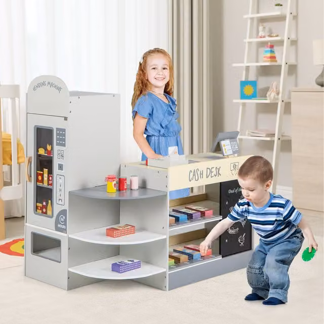 Costway Toddler Grocery Store Kids Supermarket Playset in Grey