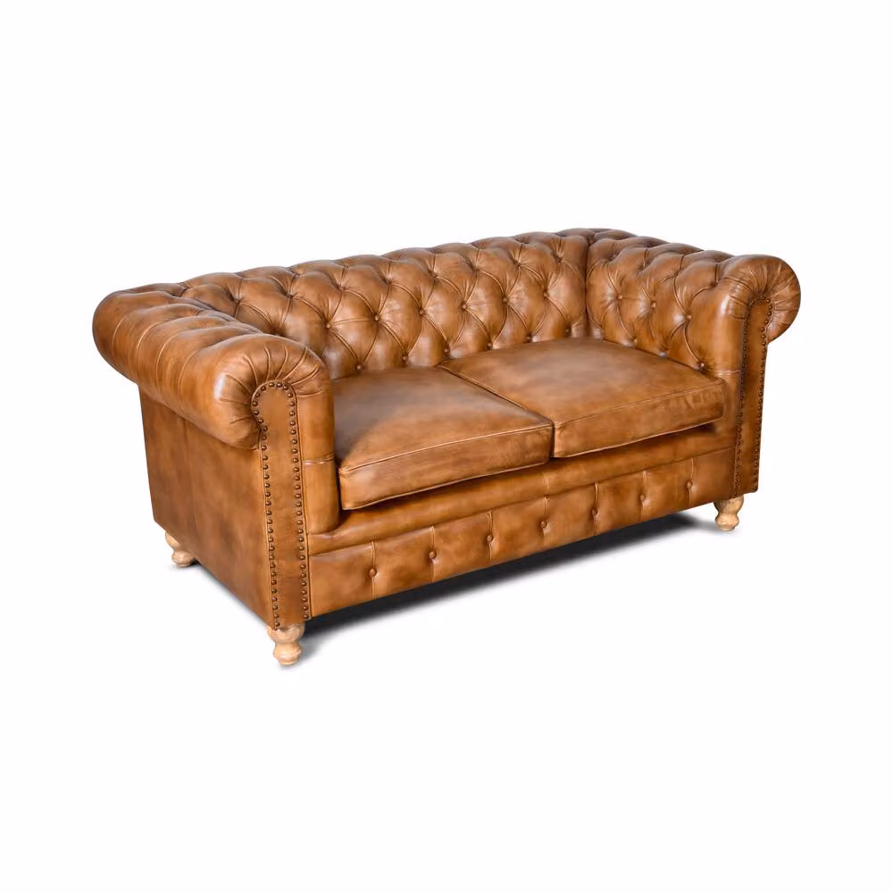 Elm Home And Garden 2 Seater Chesterfield Sofa in Brown Tan Genuine Leather with Solid Wood Frame – 2