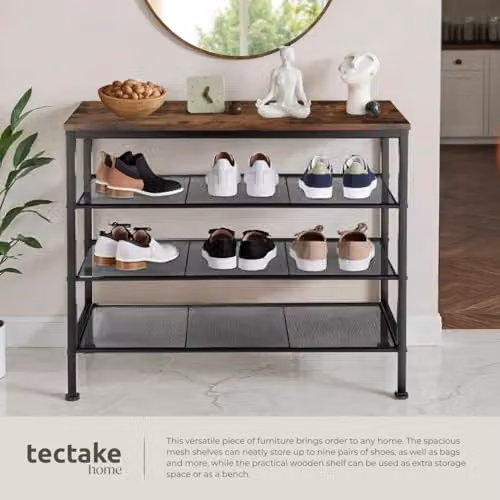 tectake Newport 4-Tier Industrial Shoe Rack with Wood-Look Top and 3 Mesh Shelves, Black and Brown, W: 80.5 cm, D: 30.5 cm, H: 72.5 cm – 4