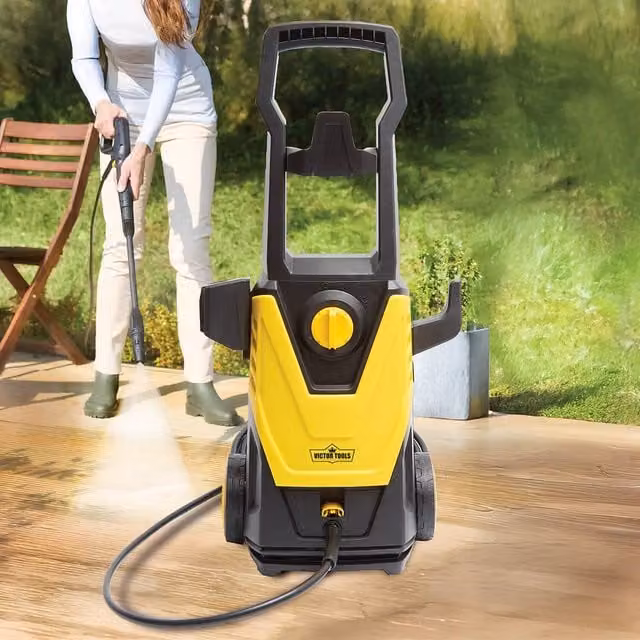 Victor Tools 1600W Pressure Washer with Adjustable Bar and Easy-Roll Wheels in Yellow – 1