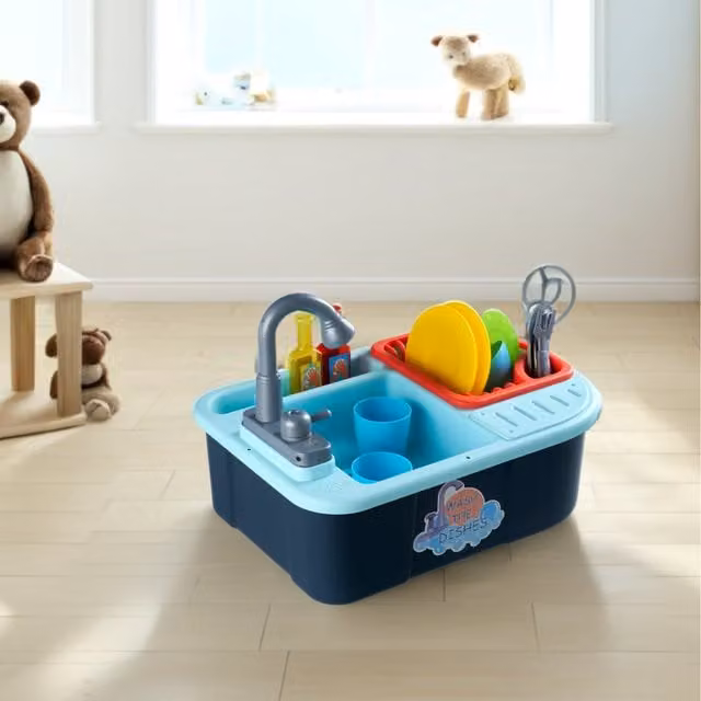 Livingandhome Blue Plastic Kitchen Sink Toy Set with Running Water