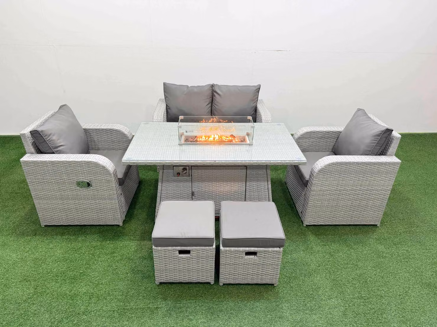Fimous 6 Seater Grey PE Wicker Rattan Garden Furniture Set with Reclining Chairs, Firepit Dining Table and 2 Small Stools