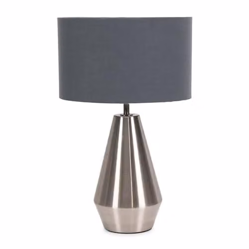 ValueLights Silver Metal Touch Dimmer Table Lamp with Grey Fabric Drum Shade and LED Bulb – 1