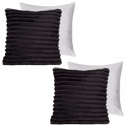 OHS Pack of 2 Ribbed Faux Fur Throw Pillows with Removable Covers, Black, W/D/H: 45 x 45 x 45 cm – 1