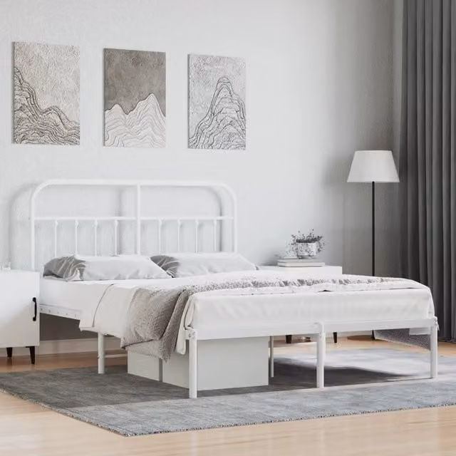 Berkfield Home Metal Bed Frame with Headboard in White, W/D/H: 150 x 200 cm – 1
