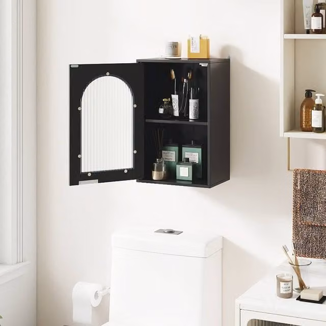 Costway Modern Black Wooden Wall Mounted Bathroom Medicine Cabinet with Glass Doors and Internal Shelves
