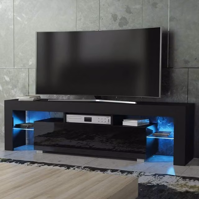 Mex Furniture LTD Aria TV Unit in Black with Glossy Doors and LED Lights, W: 160 cm, D: 35 cm, H: 45 cm – 1