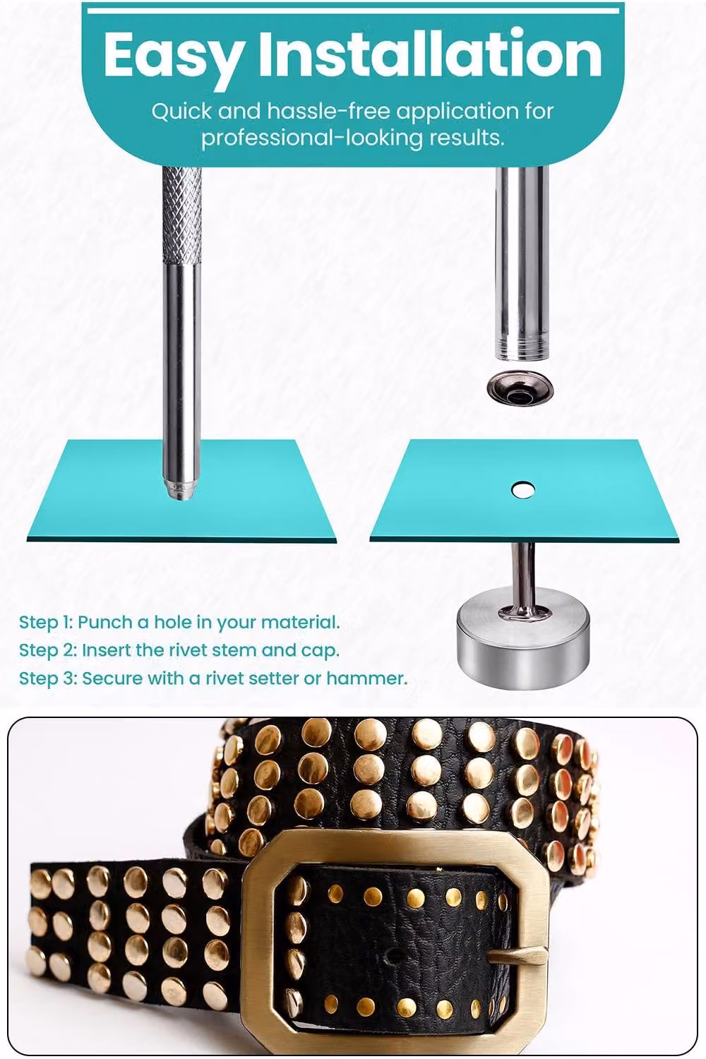 Neel Blue Extra Long Double Cap Studs, 50pcs Brass Tubular Rivets in Dark Grey, 8mm x 14mm – 4