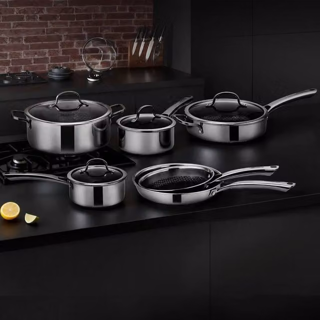 EONLION 5 Piece Stainless Steel Frying Pan and Saucepan Set with Lids in Silver