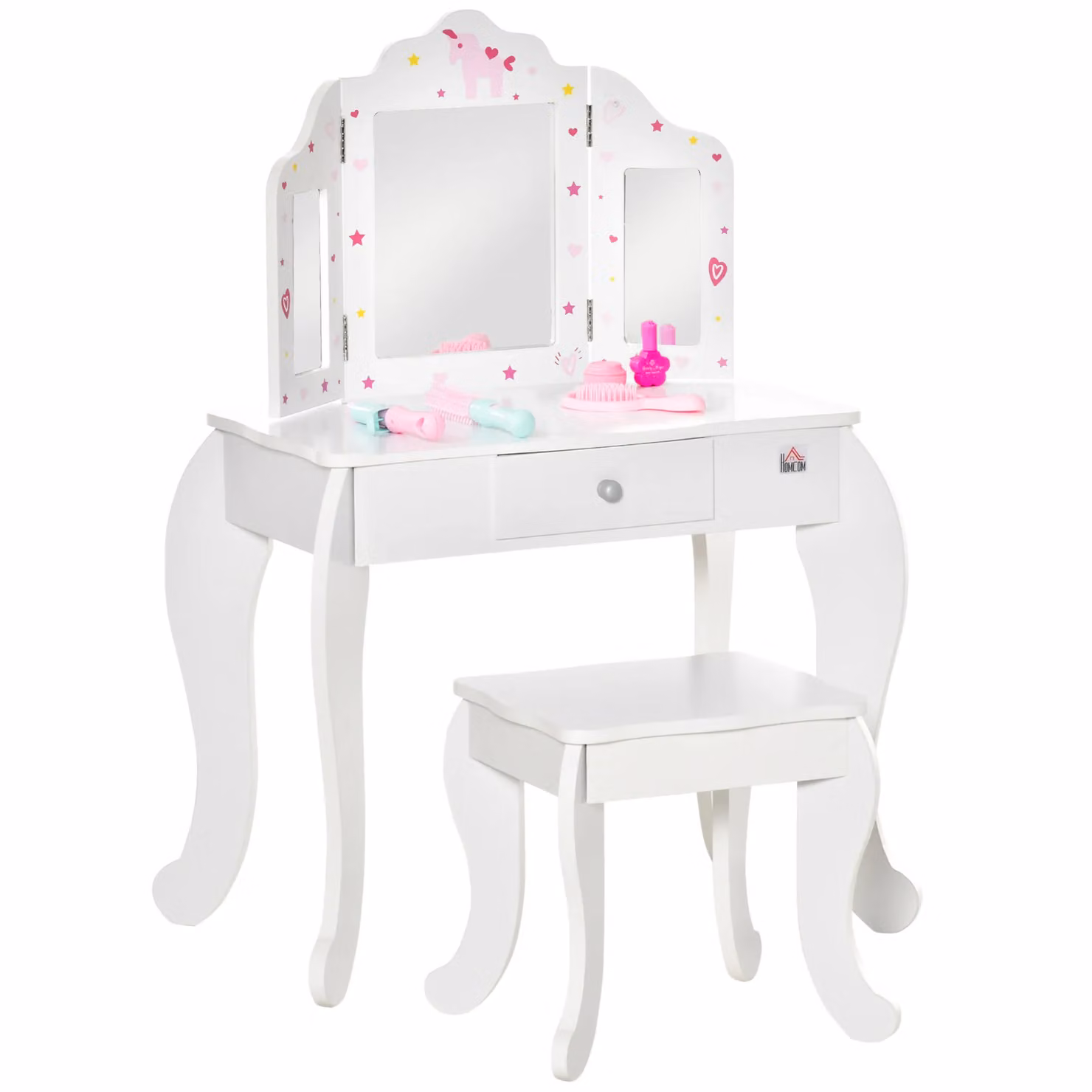 HOMCOM Makeup Dressing Table Set for Children with Tri-Folding Mirror and Drawer in White or Pink – 2