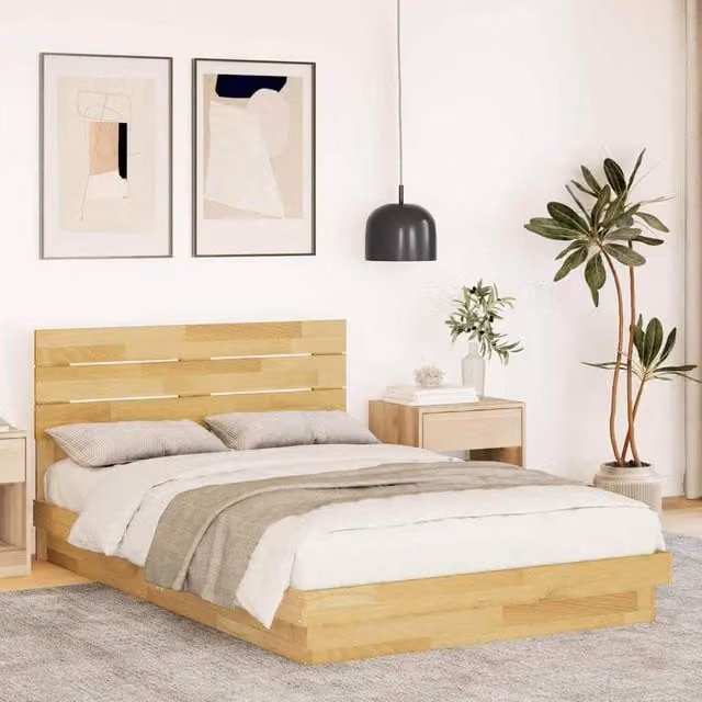 Berkfield Home Small Double Oak Bed Frame with Headboard in Brown, W/D/H: 120 x 200 cm