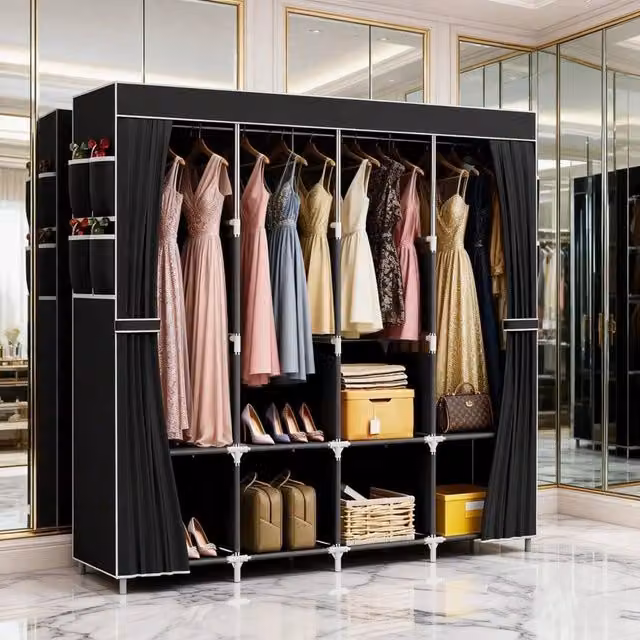 EONLION Black Fabric Canvas Wardrobe with Hanging Rail and Internal Shelves, W: 100 cm, D: 45 cm, H: 170 cm